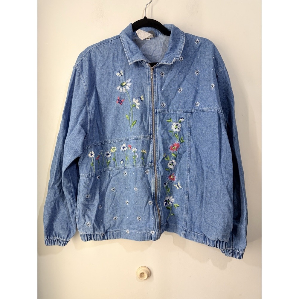 Vintage Teddi XL Embroidered Denim Jacket Floral Garden Zip Cottagecore
